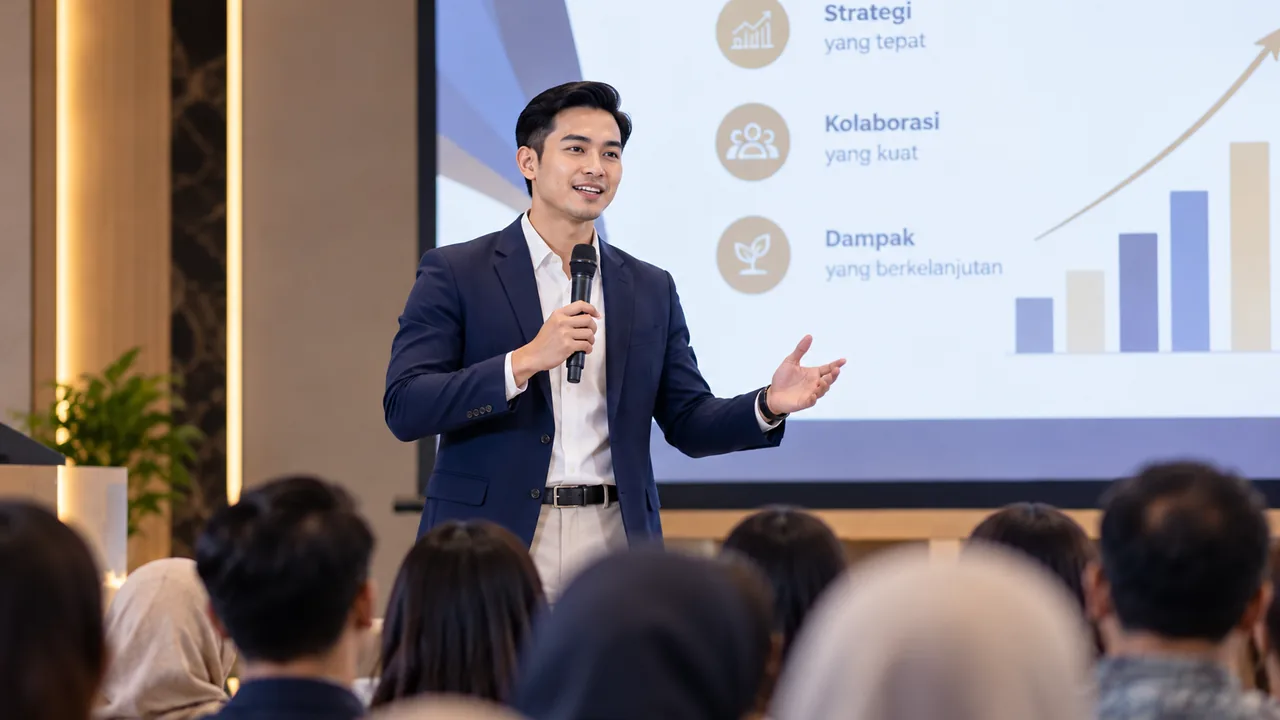 Pembicara profesional menyampaikan materi dengan mikrofon di depan peserta pelatihan