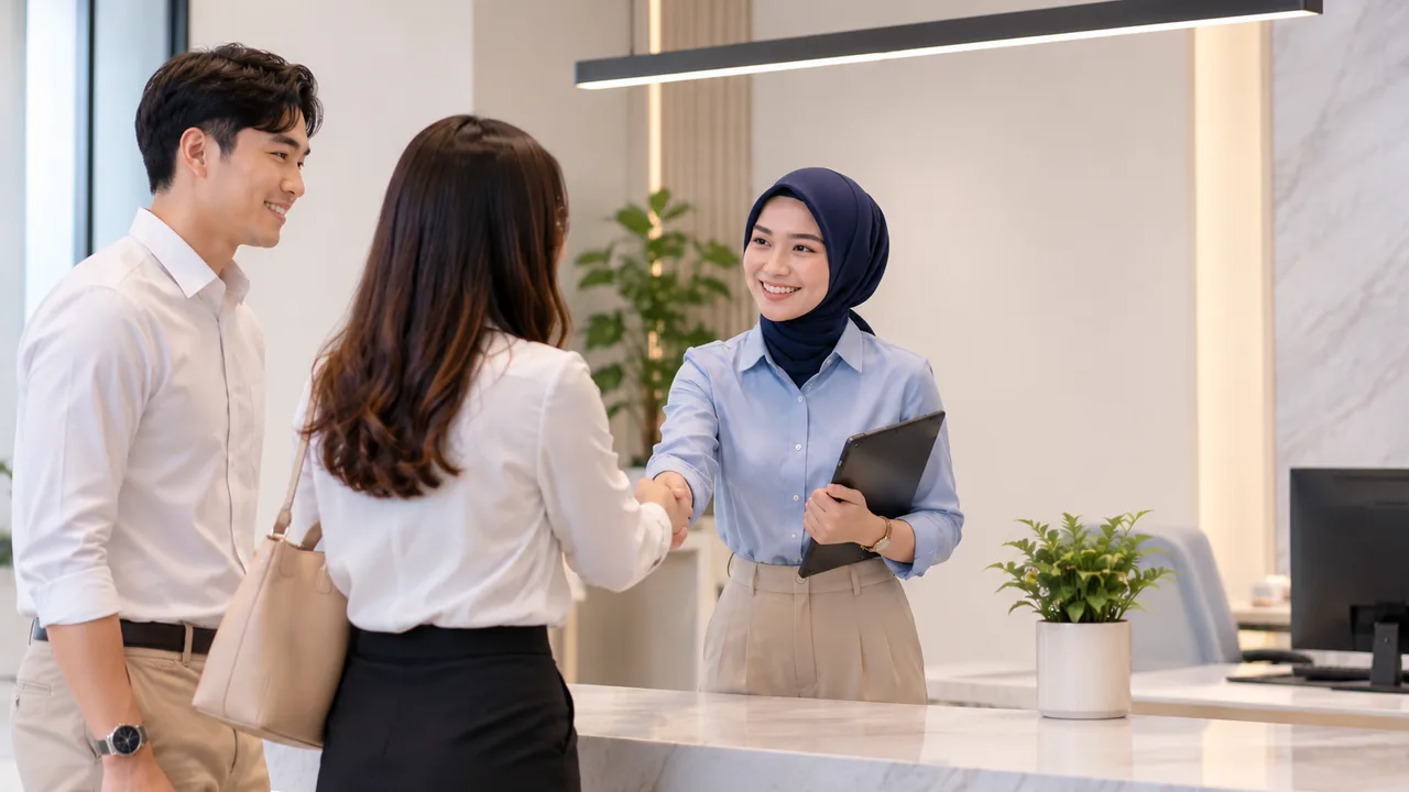Petugas layanan menyambut pelanggan dengan jabat tangan hangat di meja resepsi modern